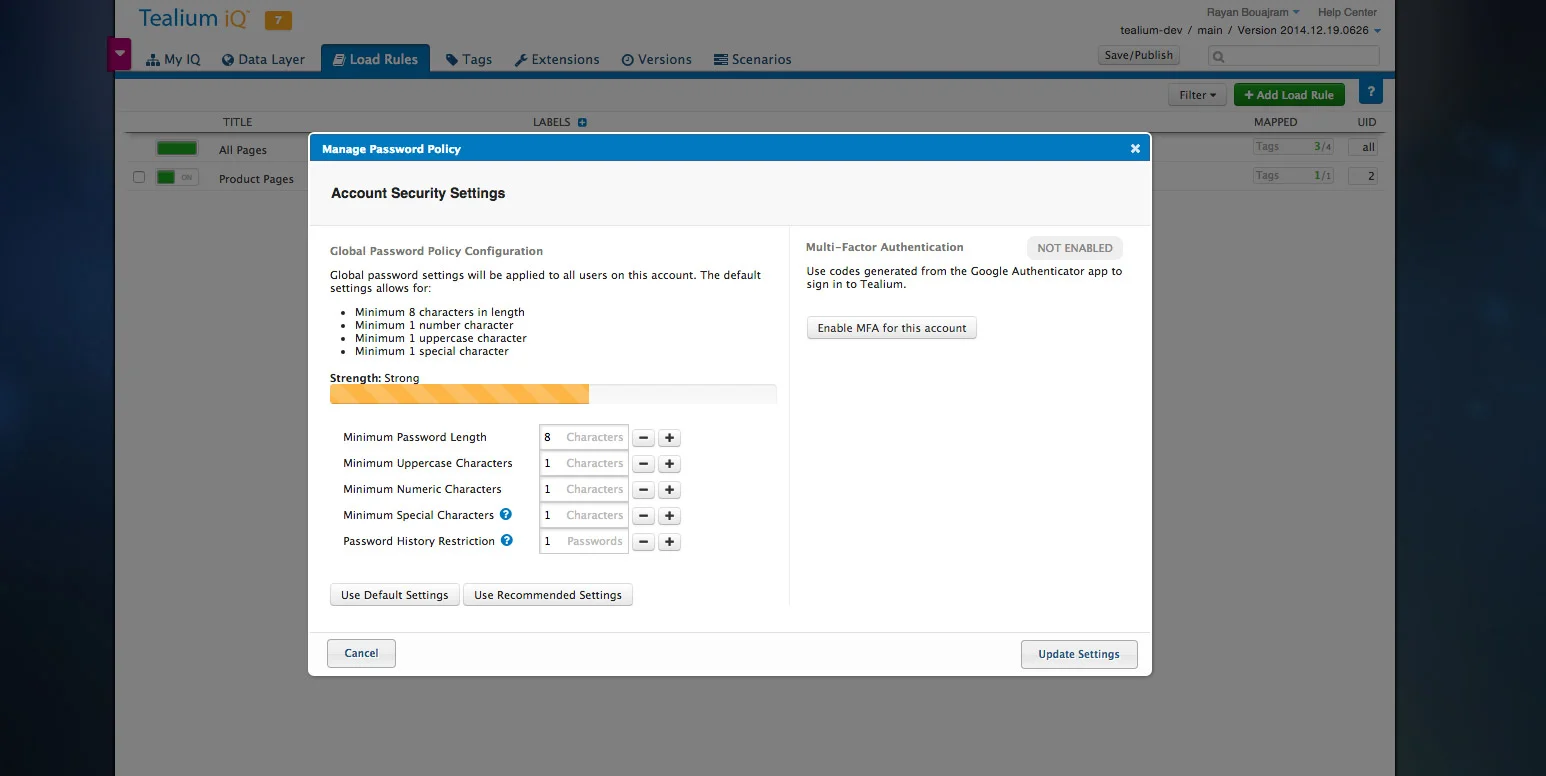 Tealium account security and multifactor authentication settings