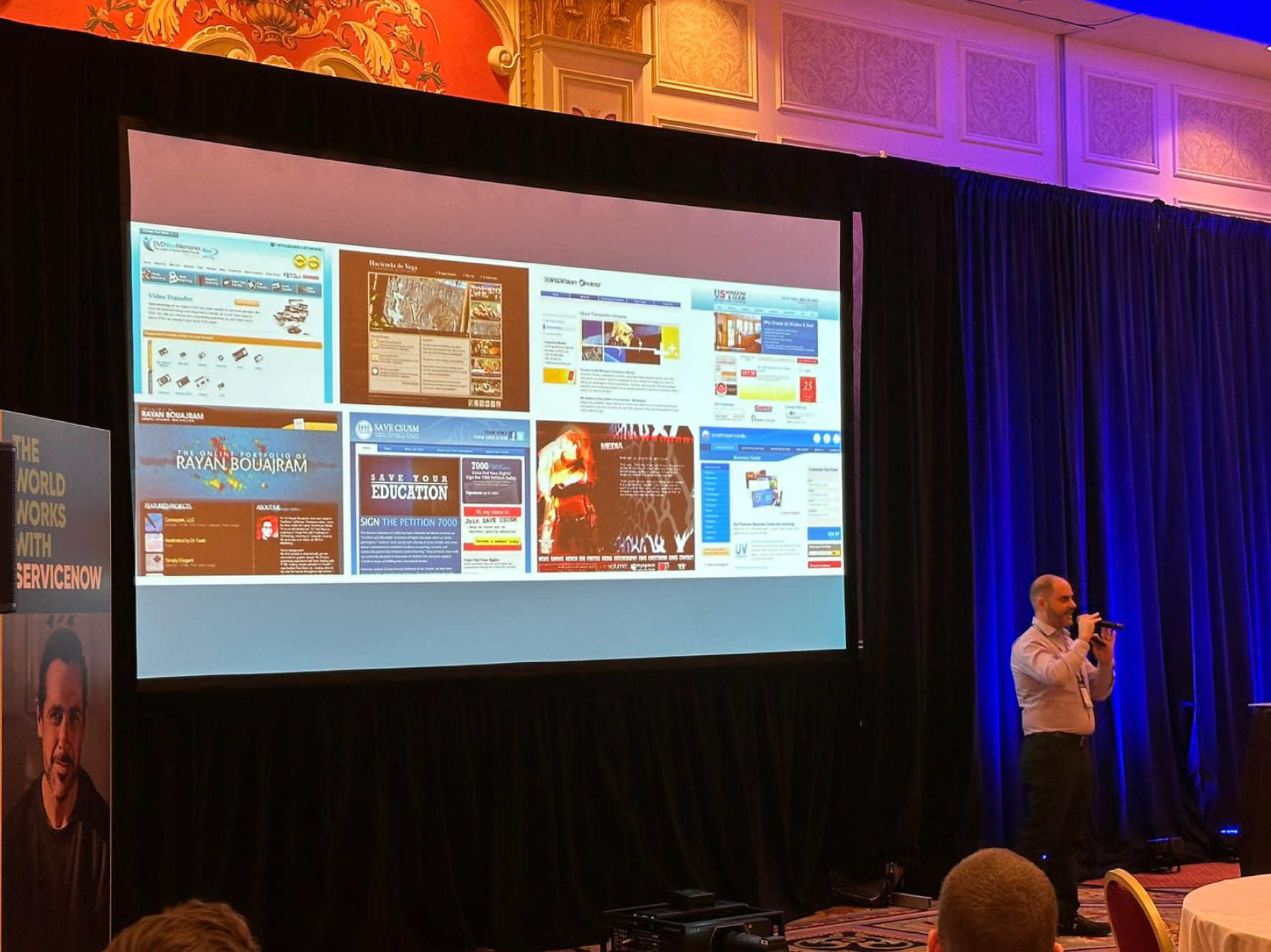 Rayan presenting examples of website design at a ServiceNow event