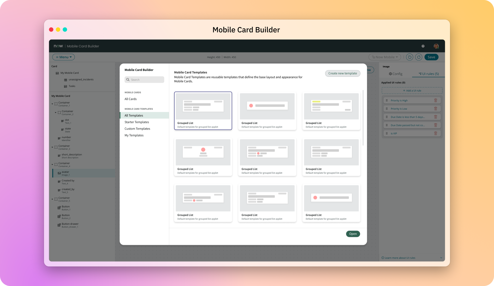 Mobile Card Builder - Opening modal